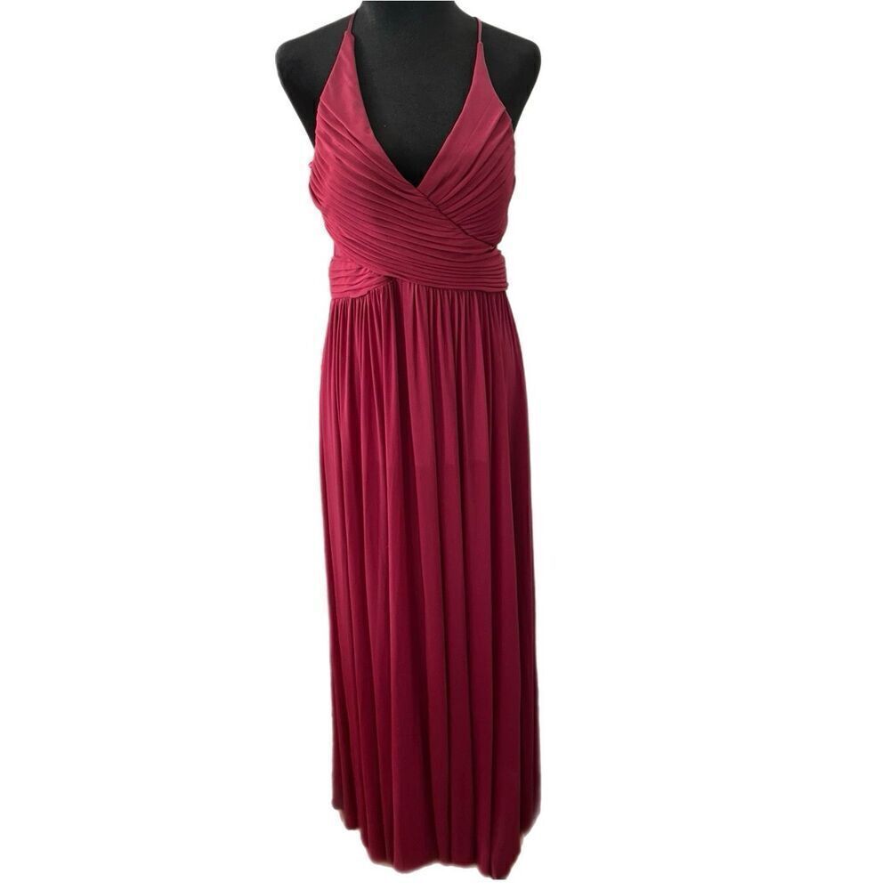 Burgundy Formal V-neck halter ruched bodice, crisscross waist Maxi Dress. size 7